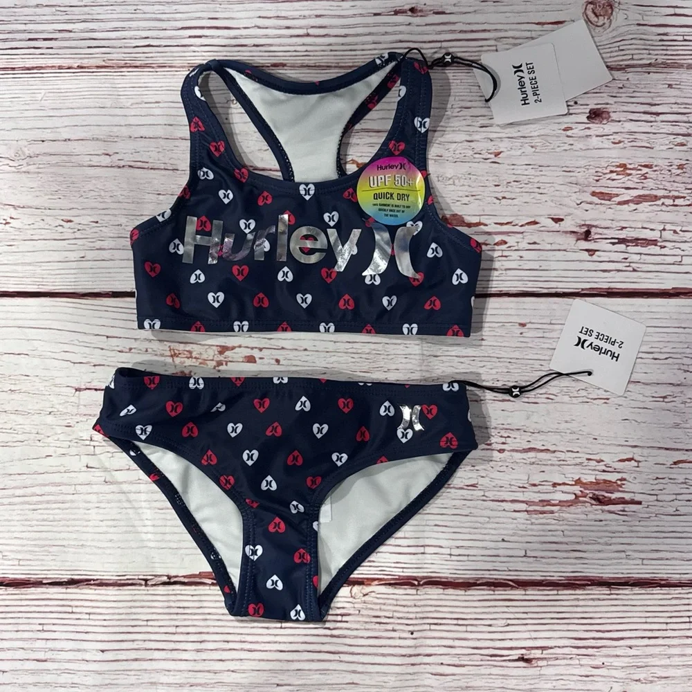 NWT Hurley Girl's Two-Piece Racerback Bikini Swim Set in Midnight Navy Sz 6